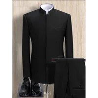 Fashion Solid Men Suits 2 Piece Stand Collar Long Sleeves Formal Outfits Chic Business Casual Wedding Tuxedo (Blazer+Pants) 2