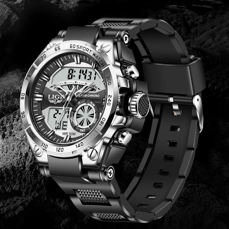 2023 LIGE New Digital Men Watch 50M Waterproof Fashion Wristwatch LED Quartz Clock Sport Watch for Men Military Watches Mens+Box