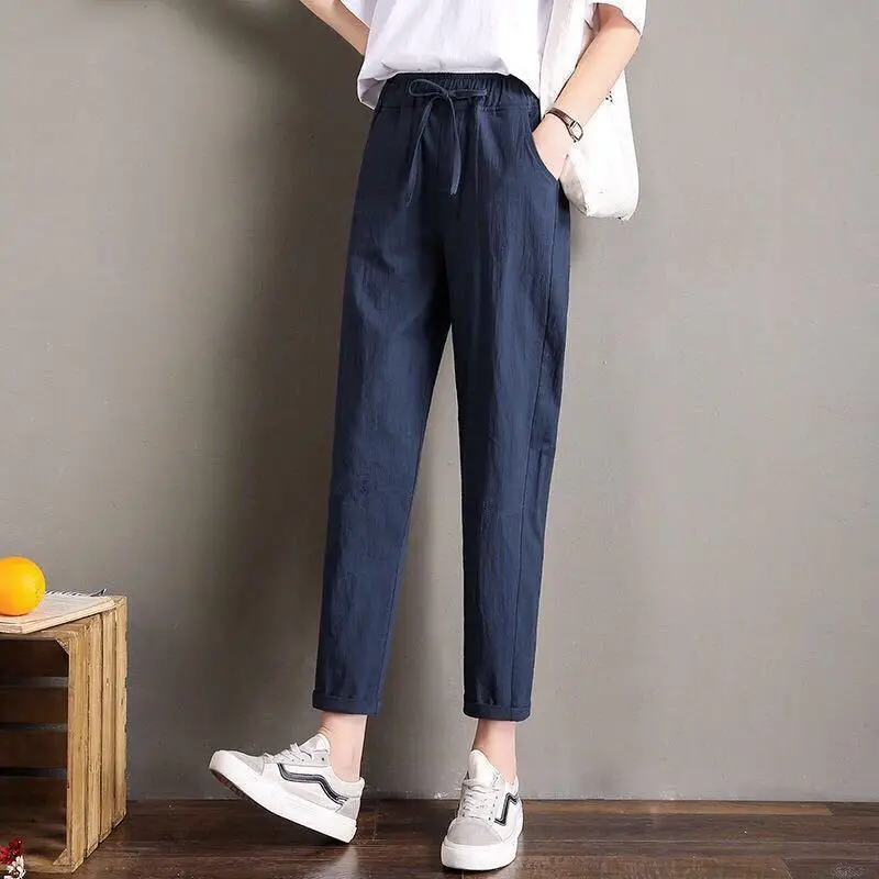 

Cotton And Linen 9-point Harlan Pants For Women's Korean Version, Summer High Waisted Loose Casual Straight Leg Pants