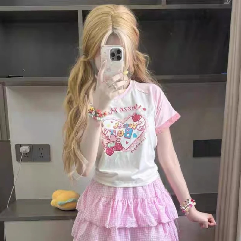 HOUZHOU White Kawaii Letter Graphic T-Shirts Women Y2k Cutecore Lace Short Sleeve Cropped Tees Japanese Style Sweet Slim Tops 5