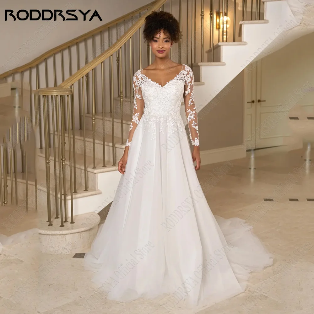 

RODDRSY Elegant Wedding Dress With Long Sleeves 2023 Lace Applique Civil Bride Gowns A-Line Illusion V-Neck vestido de noiva