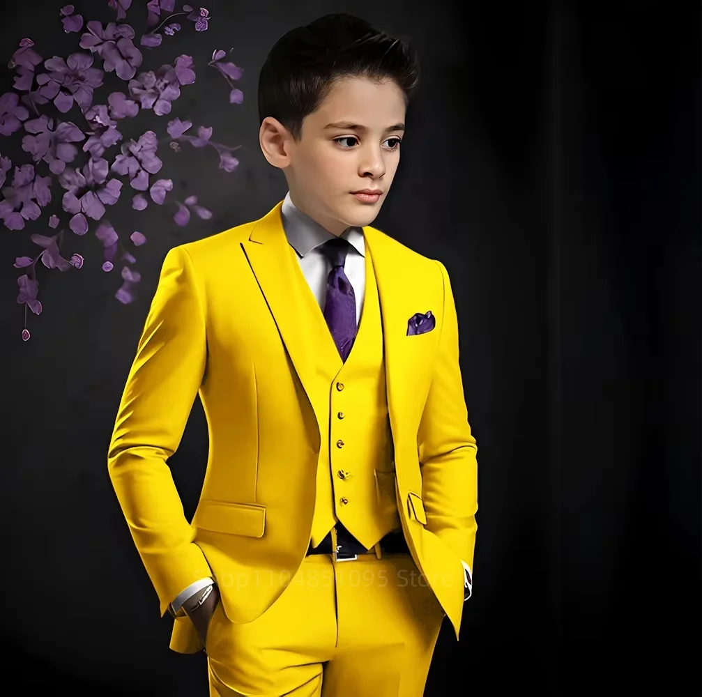 Classic Solid Paisley Suit for Boy 3-Piece Smart Casual Boy's Tuxedo Formal Outfit For Kids Blazer Vest And Pants Set For Party