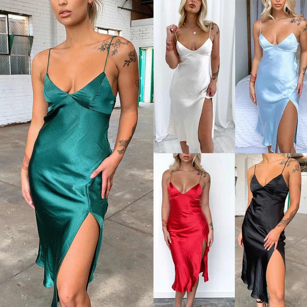 SKMY Summer Outfits For Women 2023 Solid Color Sexy V-Neck Party Dresses Satin Slim Fit Split Spahgetti Strap Midi Dresses summer satin slim sexy halter split skirt dresses for women v neck hight side spaghetti strap party mini black white dress 2021