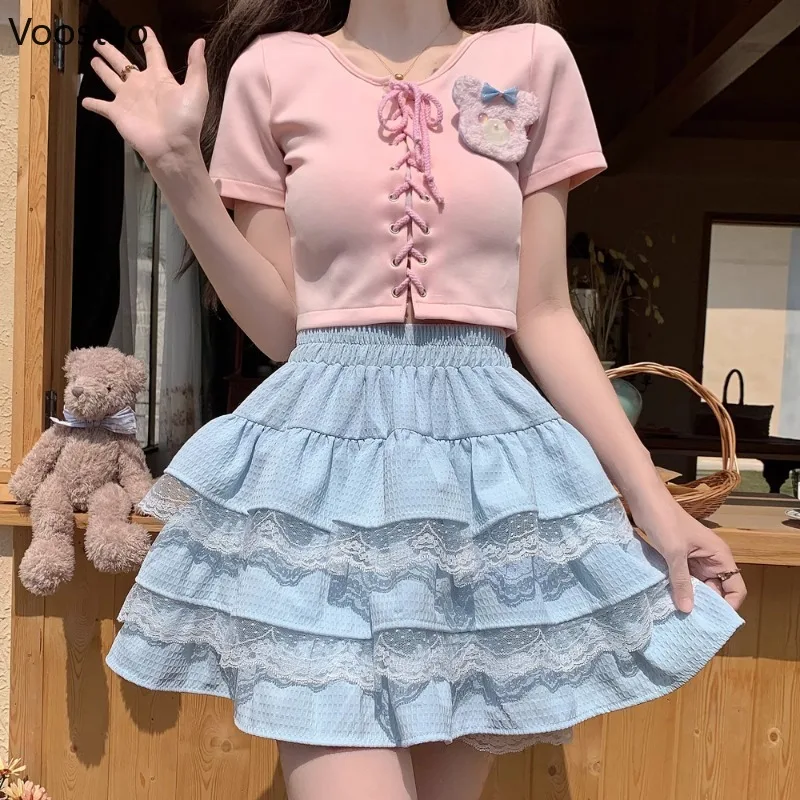 

Sweet Lolita Style Mini Skirt Women Harajuku Y2k High Waist Lace Ruffles Party Skirts Japanese Girls Vintage Kawaii Tiered Skirt