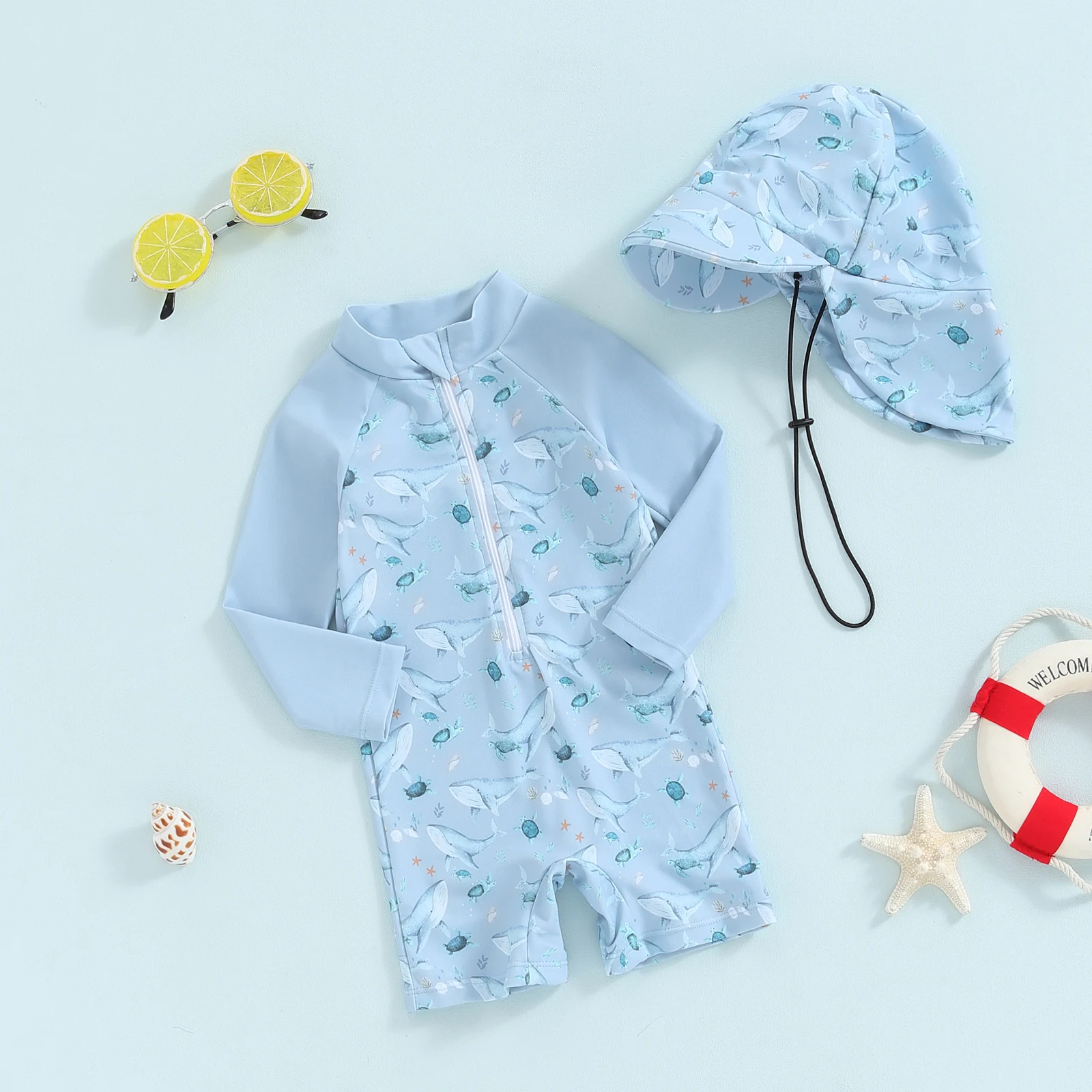 Toddler Baby Boy Swimwear Whale Print Bathing Suit Infant Long Sleeve Rash Guard Swimsuit and Sun Hat Children Beachwear 5