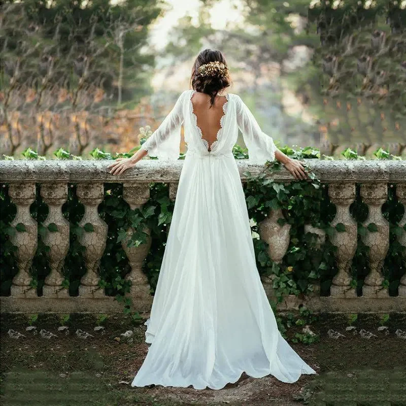 

Charming White Chiffon Boho Wedding Dresses Beach Three Quarter Sleeves Lace Wedding Gowns Backless V Neckline Bridal Gowns 2023