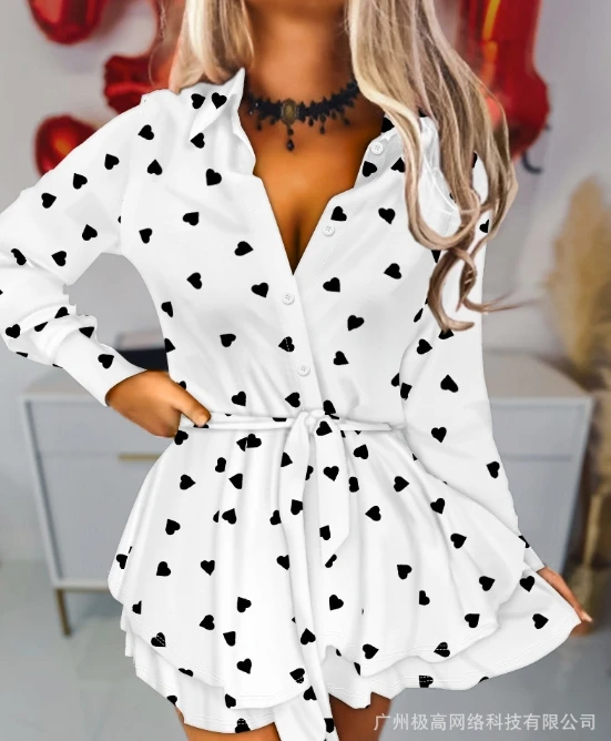 Women Jumpsuit Love Printed Shirt, Jumpsuit Shorts 2024 Plaid Button Tied Detail Turn Down Collar Long Sleeves Daily Mini Romper