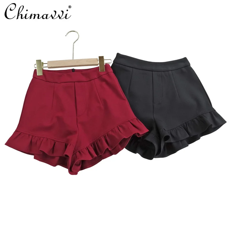 Japanese Style Ruffled High Waist Casual A- Line Wide Leg Pants Fashion Retro Pleated Short Culottes Women's Y2k Shorts Summer