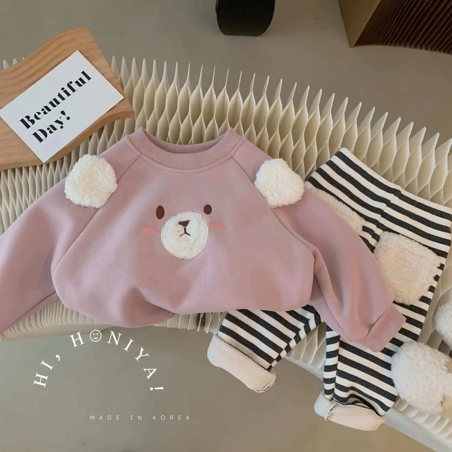 

Kids Girl Winter Plush Set Cartoon Bear Loose Fleece Pullover Sweatshirt Striped Thickened Leggings Suit Toddler Girls Outfit