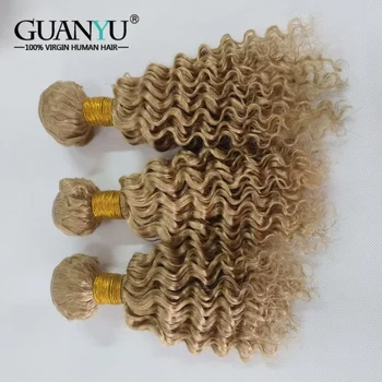 #27 Honey Blonde Deep Wave Ombre Colored Hair Bundles with Closure 100% Remy Human Hair Weave 3 Bundles with Lace Closure 4x4