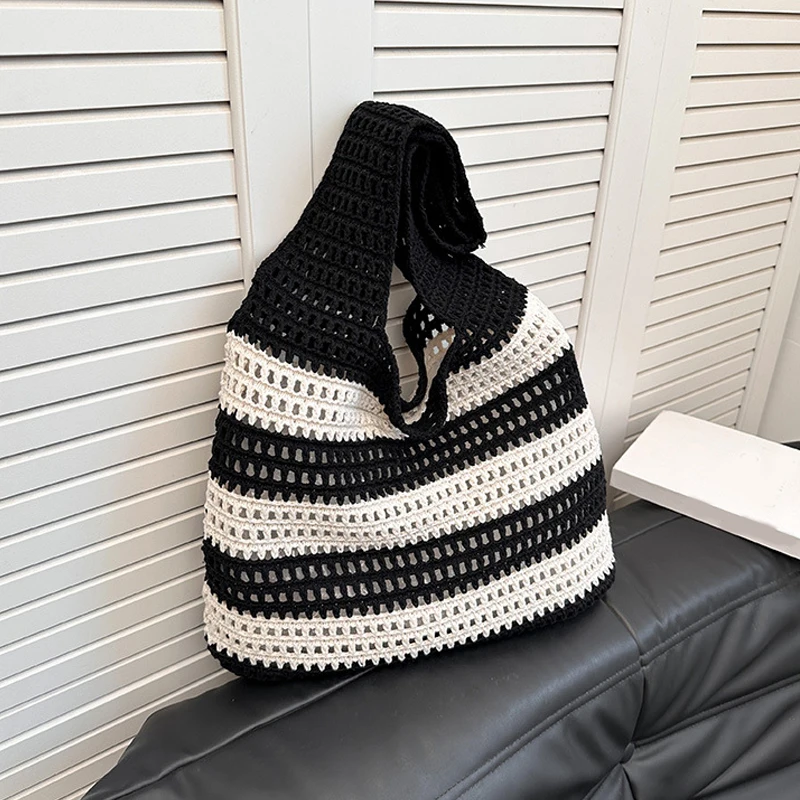 Women Aesthetic Shoulder Bag Contrast Color Knitted Tote Handbag Hollow Out Knitting Stripe Handbag Woven Bag for Female