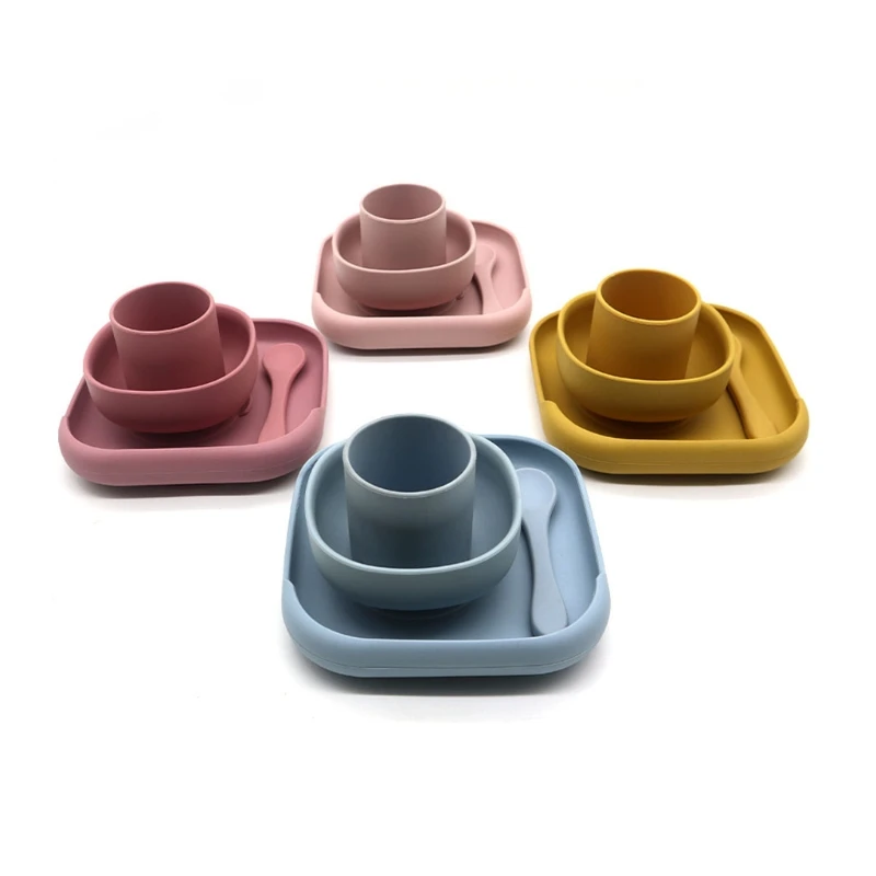 

4 Pcs Baby Silicone Dinner Plate Sucker Bowl Spoon Cup Set Learning Training Feeding Utensil Dishes Tableware for Newborn