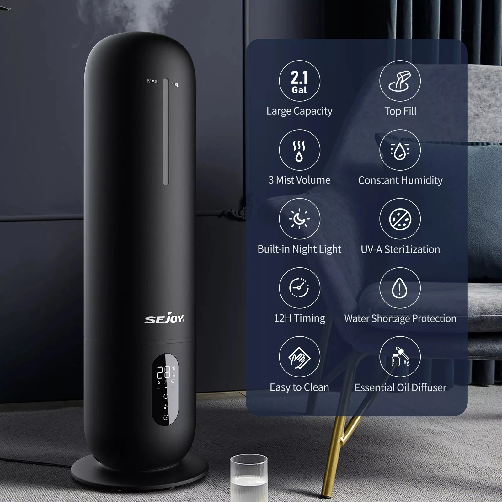 Sejoy 8L Humidifier Large Room Ultrasonic Cool Mist Essential Oil Diffuser Timer Humificador 3
