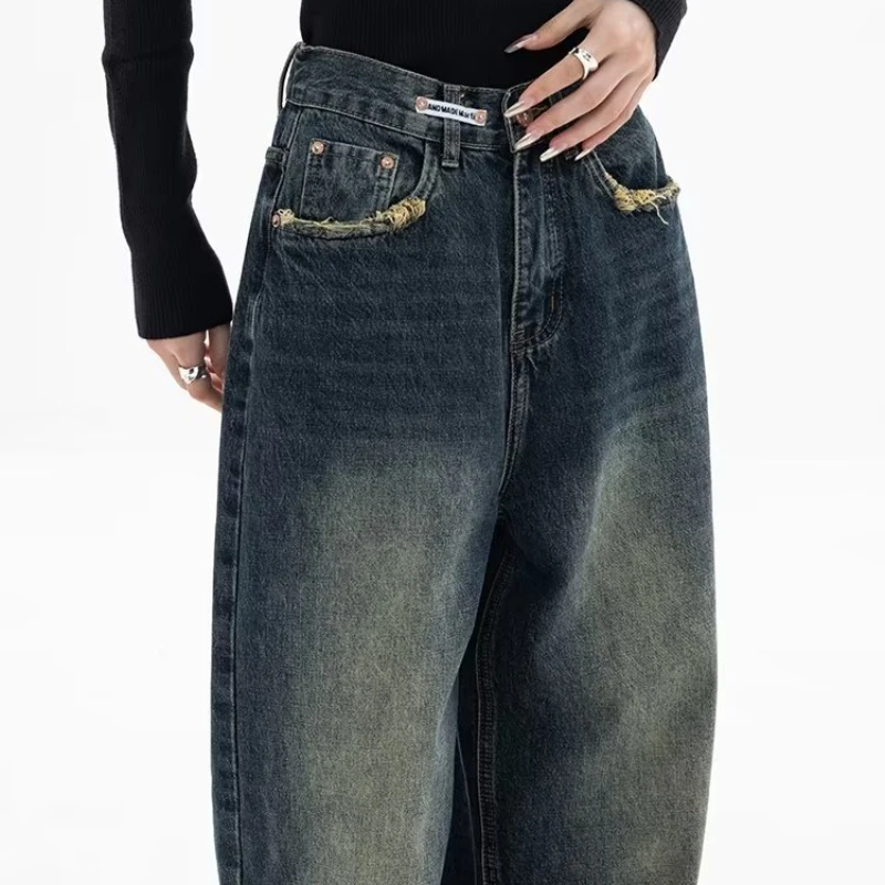 QWEEK Harajuku Women Baggy Jeans Y2K Vintage Streetwear Loose Korean Fashion High Waist Pants Femme Wide Leg Denim Trousers