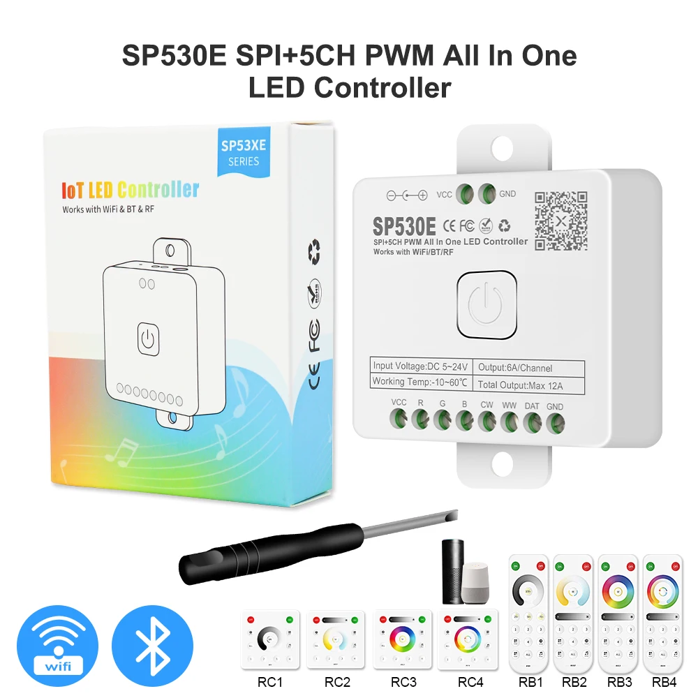 อุปกรณ์ควบคุมไฟ LED 12-in-1, WS2812B หรี่พิกเซล WiFi SPI WS2811ตัวควบคุมที่ระบุได้ PWM RGB RGBW rgbct LED สลัว5-24V ไฟ LED 1