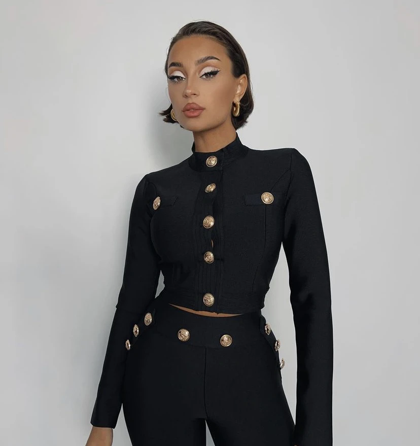New Autumn Style Black Color Women Long Sleeve Button Rayon Bandage Coat Pants Fashion Women's Set High Street Celebrate Wear 2