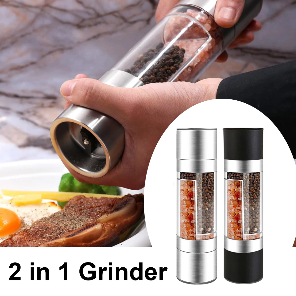 Salt Pepper Grinder 2 in 1 Spice Manual Plastic Stainless Steel Mills with Adjustable Ceramic Core Barbecue Kitchen Tools Set
