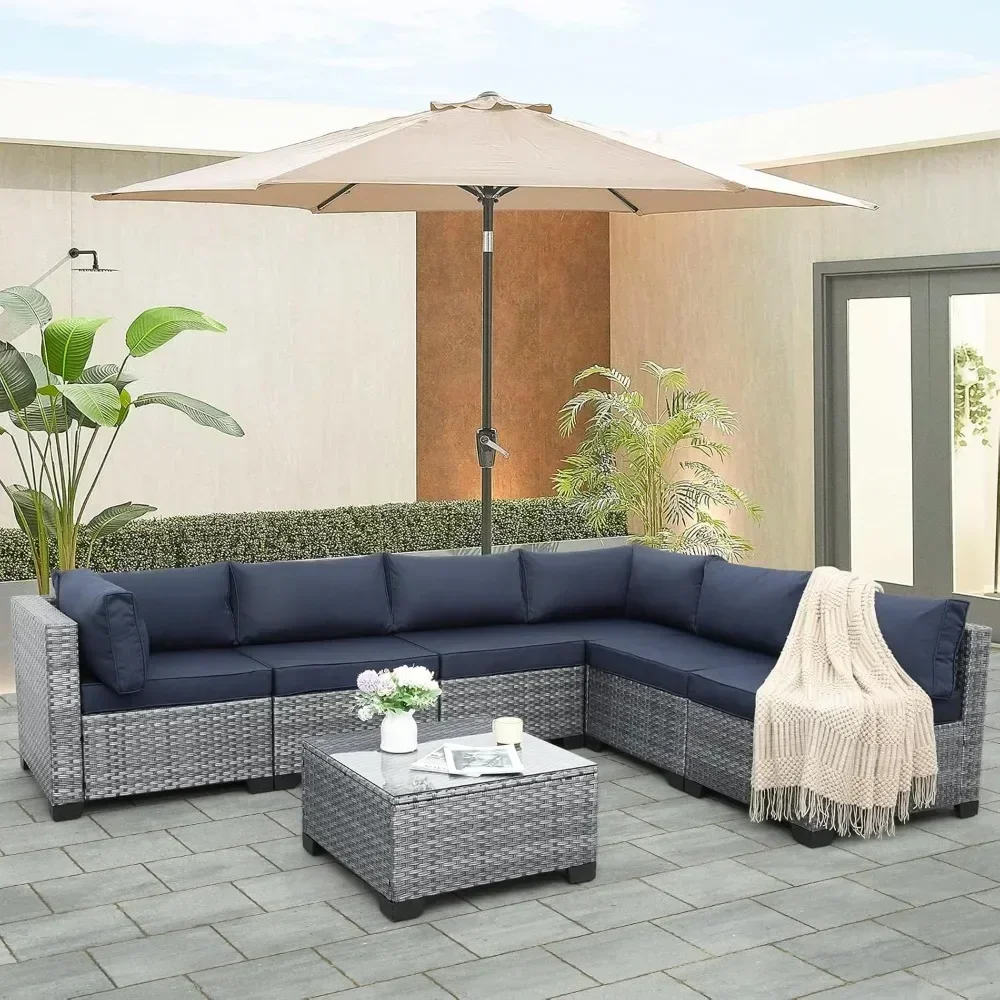7-piece Outdoor PE Wicker Furniture Set, Courtyard Gray Rattan Segmented Sofa with Washable Deep Blue Cushion 6