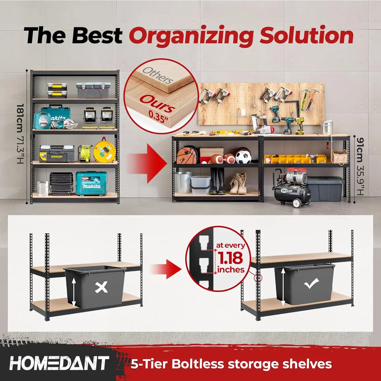 5 Tier Laminated Boltless Heavy Duty Garage Storage Adjustable Wide Size Metal Shelving Unit Utility Rack Shelves Organization 3