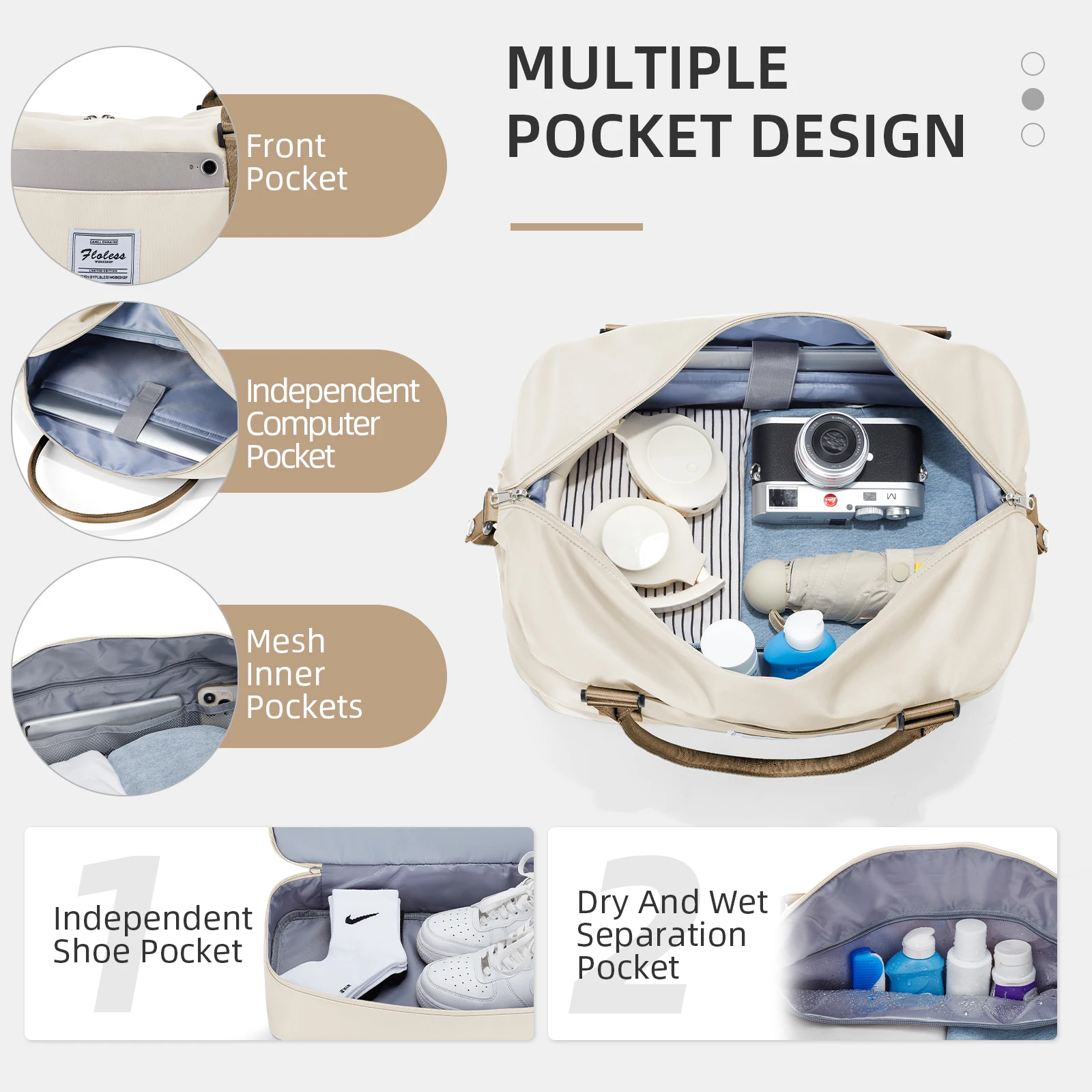 Women's Large Capacity Bag, Airplane Travebags Weekend Bag,Sports and Gym Travel Backpack,Expandable Waterproof Travel Bag Khaki