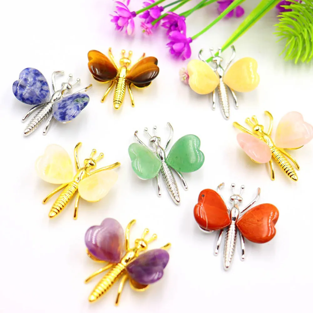 

1Pc Natural Crystal Heart Shaped Wings Butterfly Statue Crafts Healing Gem Alloy Animal Specimen Ornaments Collection Home Decor