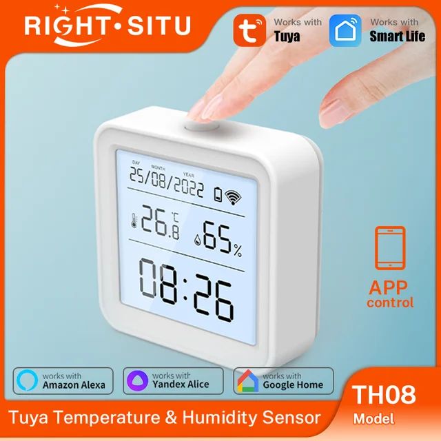 เซ็นเซอร์วัดอุณหภูมิและความชื้นแบบไร้สาย Tuya WIFI พร้อมไฟแบ็คไลท์ ควบคุมผ่านแอป รองรับ Smart Life และ Yandex Alexa 1