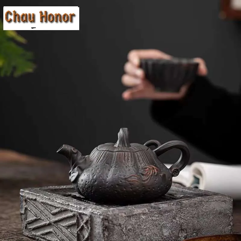 230ml Qingxi Purple Pottery Pumpkin Pot Antique Relief Ceramic Teapot Small Teapot Tea Making Device Household Kung Fu Tea Set