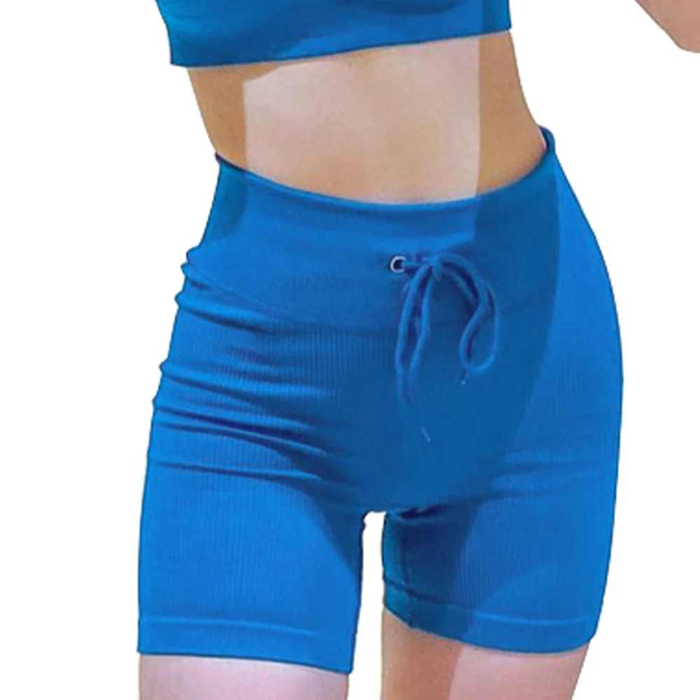 

Women High Waist Ribbed Yoga Sport Shorts Slim Push Up Soft Nylon Energy Fitness Running Drawstring Shorts Training Peach Hip