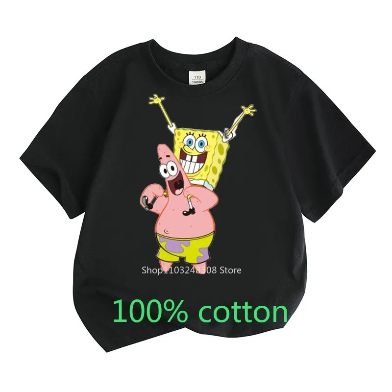 SpongeBob and Patrick 100% Cotton T-shirt Summer Fashion Children Clothes Boys Girls Kids Top Toddler Round Neck Short-sleeved 3