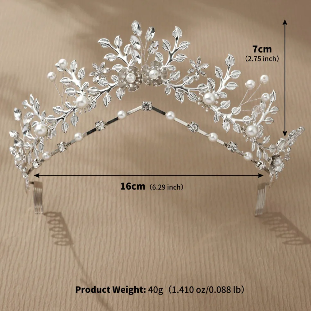 SLBRIDAL Handgefertigte Kristall-Strass-Perlen Blumen-Blatt Braut-Tiara Stirnband Hochzeitskrone Haaraccessoires Damen Mädchen Schmuck – Detail 16