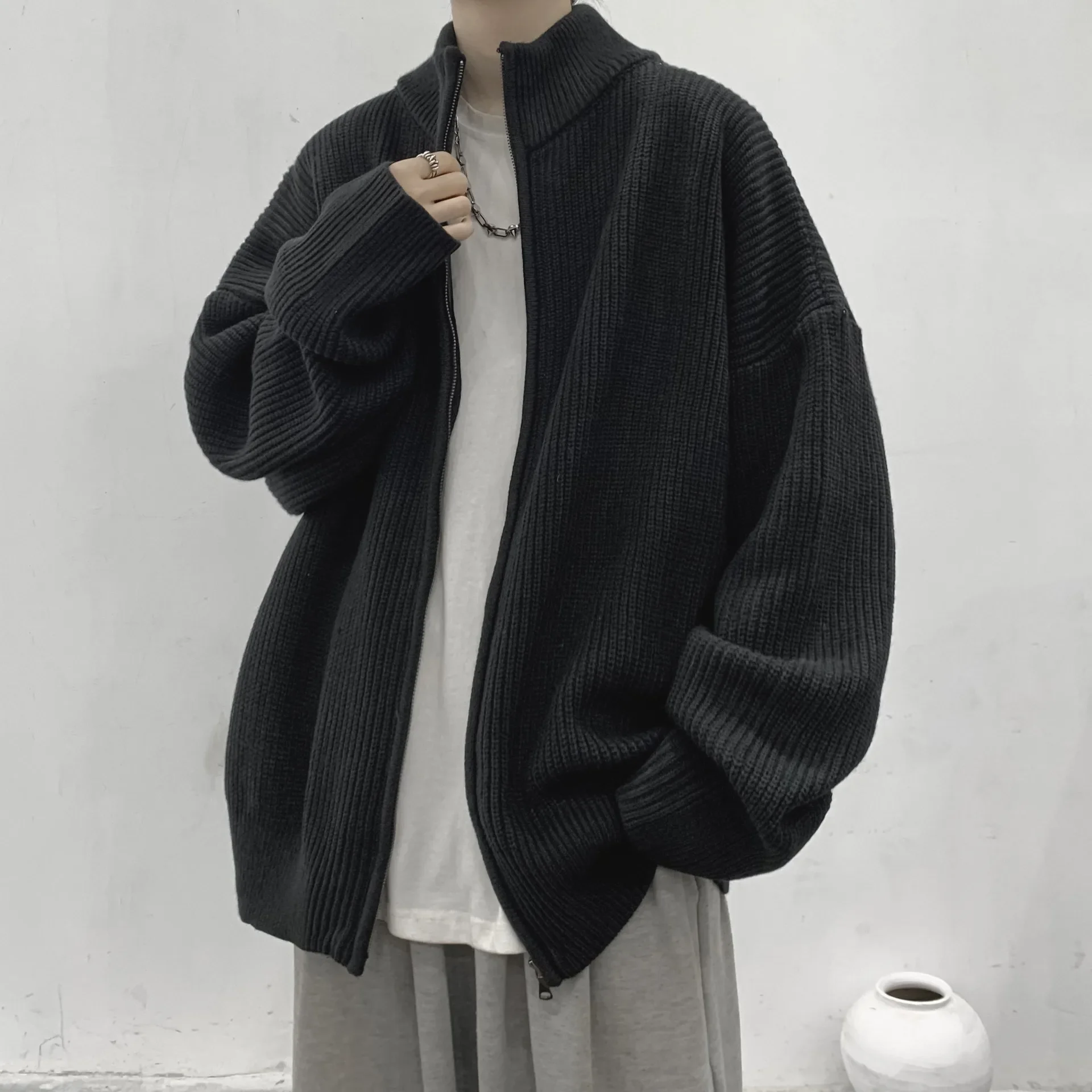 

Мужской повседневный кардиган на молнии, плотный вязаный свитер с длинным рукавом, облегающий кардиган на молнии, корейский стиль, новинка 2023