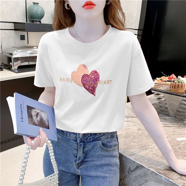 Sequined Embroidered Women T-shirt Tops Casual O Neck Short Sleeve