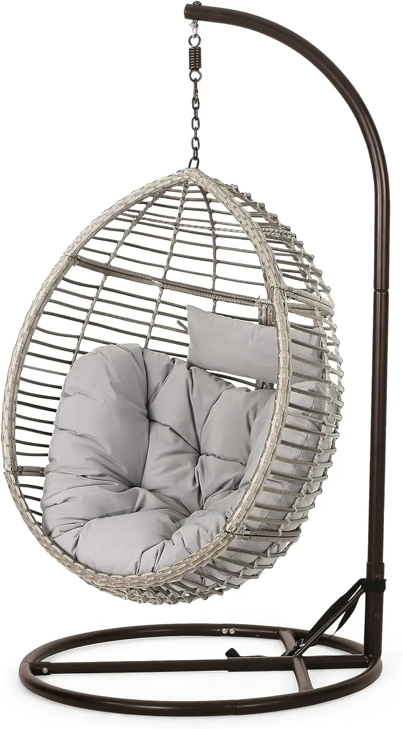 

Leasa Outdoor Wicker Hanging Basket Chair with Water Resistant Cushions and Iron Base, Grey / Black