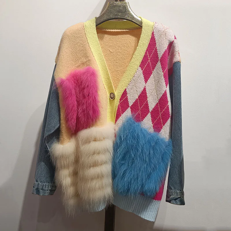 

Женский свободный вязаный кардиган в полоску, модная Осенняя вязаная куртка с натуральным лисьим мехом, верхняя одежда из натурального Лисьего меха