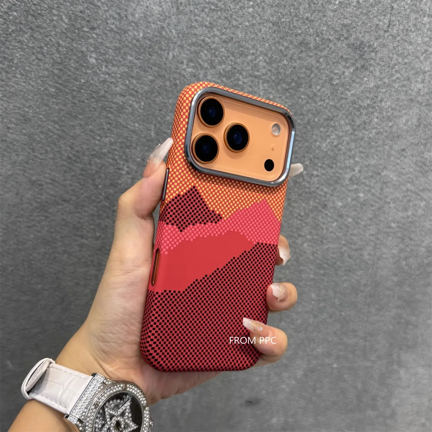 Orange Mountain Peak Carbon Relief Phone Case with Camera Lens Protection, Hard PC MagSafe Shell