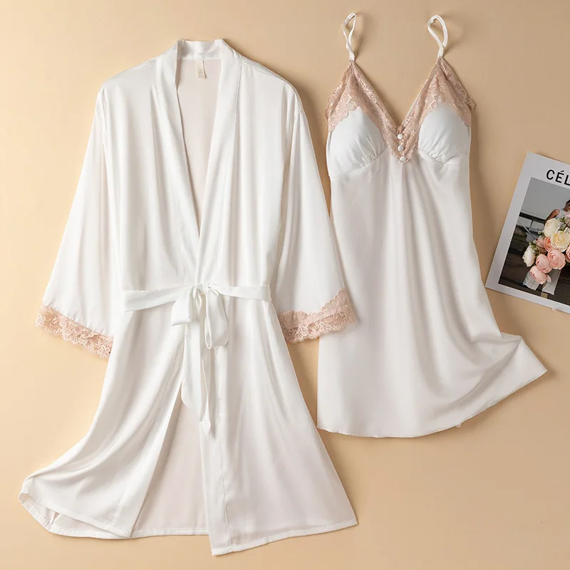 

Sexy Lace Trim Nightdress Sleepwear Summer Satin Kimono Bathrobe Gown Home Wear Wedding Robe Suspender Nightgown Set Lingerie