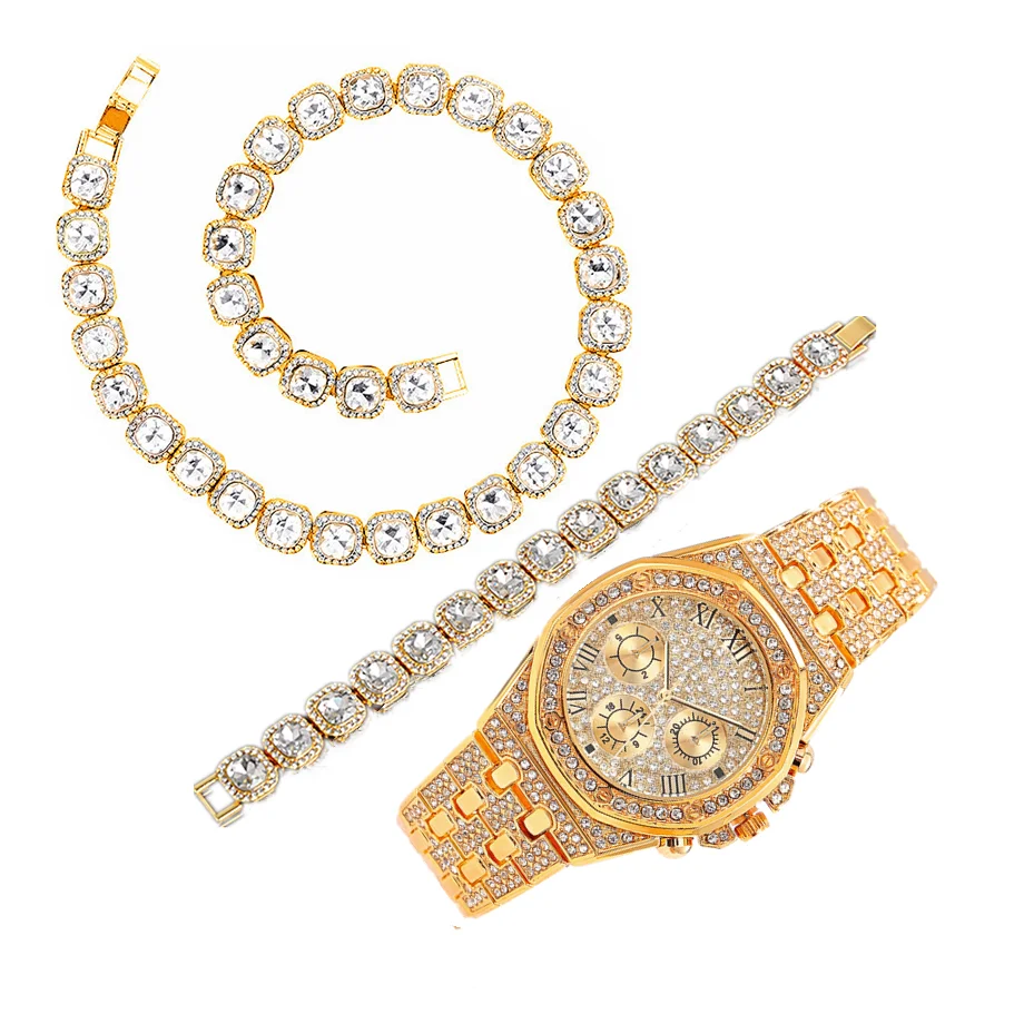 Top Brand 12mm Necklace +Watch+Bracelet Tennis Hip Hop Miami Curb Cuban Chain Iced Out Paved Rhinestones Women Men's Jewelry Set
