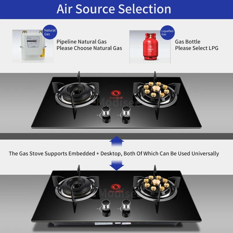 Gas Stove Cooktop Double-Hole Fierce Fire Household Tempered Glass Panel Natural Liquefied 2 Burner Built-in Kitchen Cooker Tool 2