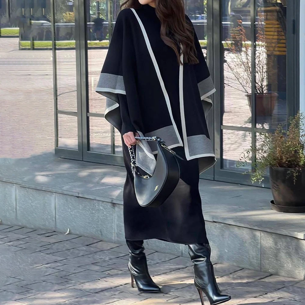 

New Autumn And Winter Women Fashionable Shawl Jacket Knitted Long-Sleeved Dress Two Piece Elegant Large Size Loose Skirt Suit