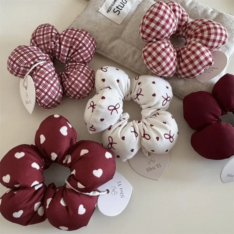 Red Cotton Cute Floral Hair Band with Bow and Plaid Design