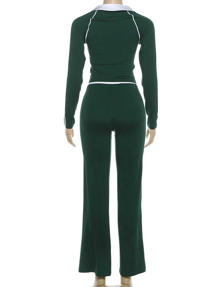 Nibber Sporty Simple Contrast Patchwork 2 Piece Set Woman V-Neck Full Sleeve Tops+Skinny Long Pants Casual Style Classic Outfits