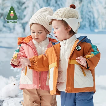 Amila Baby Down Jacket 2024 Winter New Boys Girls Fashion Patchwork Hooded Warm Overcoat Three in One with Pockets Kids Clothing