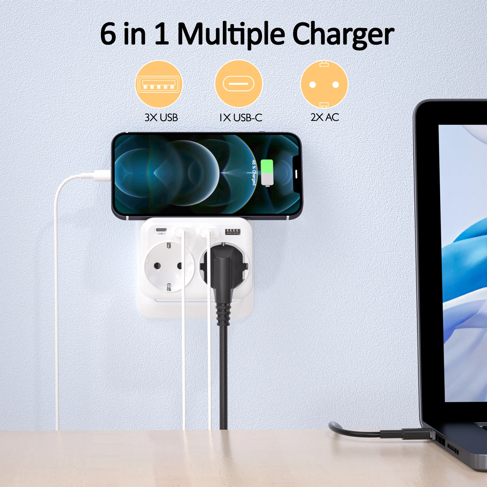 6 in 1 Plug Adapter Wall Charger with 2 Schuko Sockets 3 USB Ports 1 Type C for Home Office