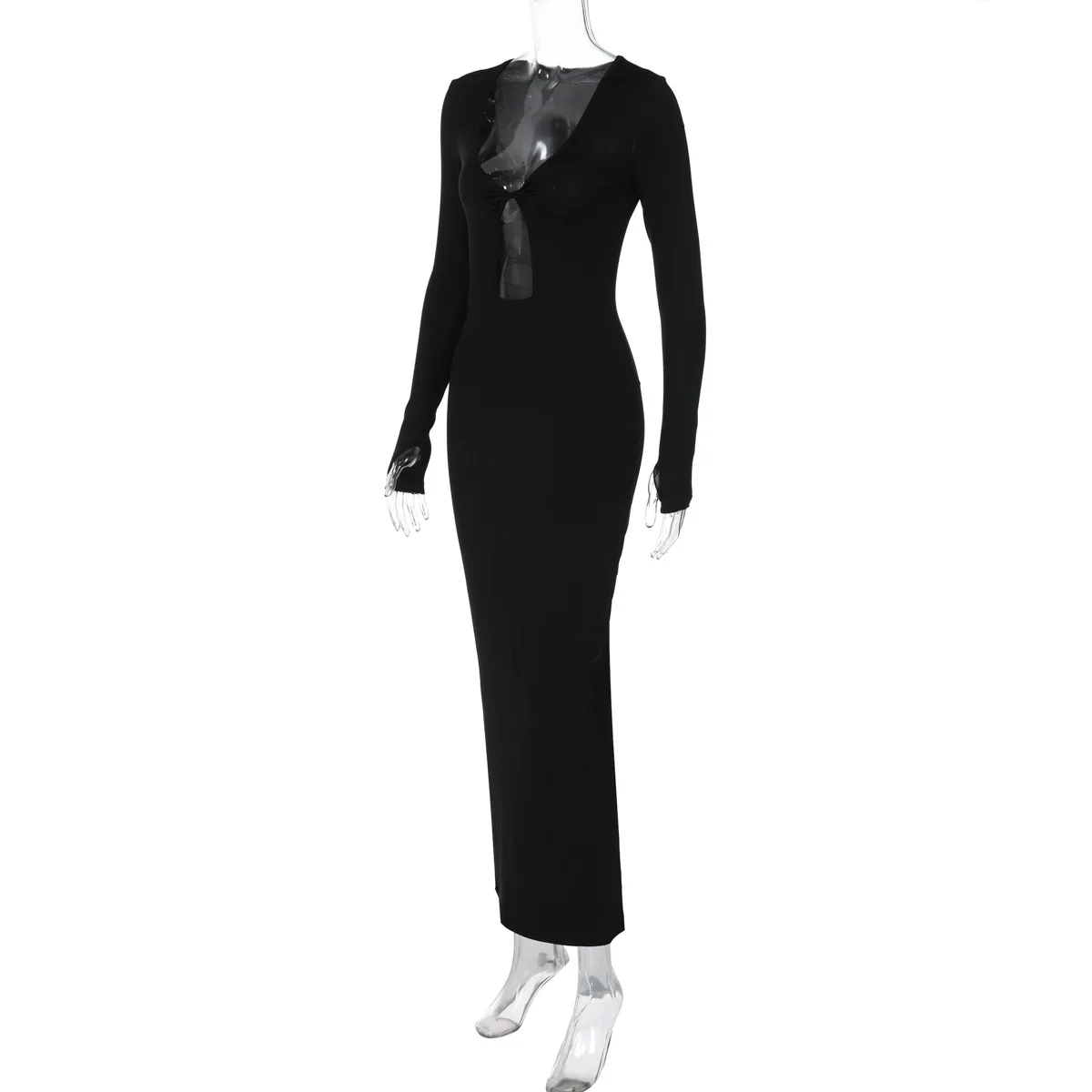 Hollow Out Slim Sexy Maxi Dress For Women V-Neck High Waist Fashion Patchwork Autumn Party Dress Female Black Dress