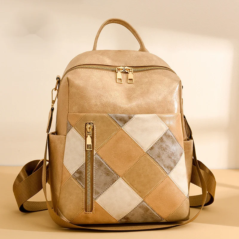 Women's New European And American Retro Women's Backpack PU Soft Leather Fashionable Diamond Grid Multifunctional Travel Backpack_voghion.com