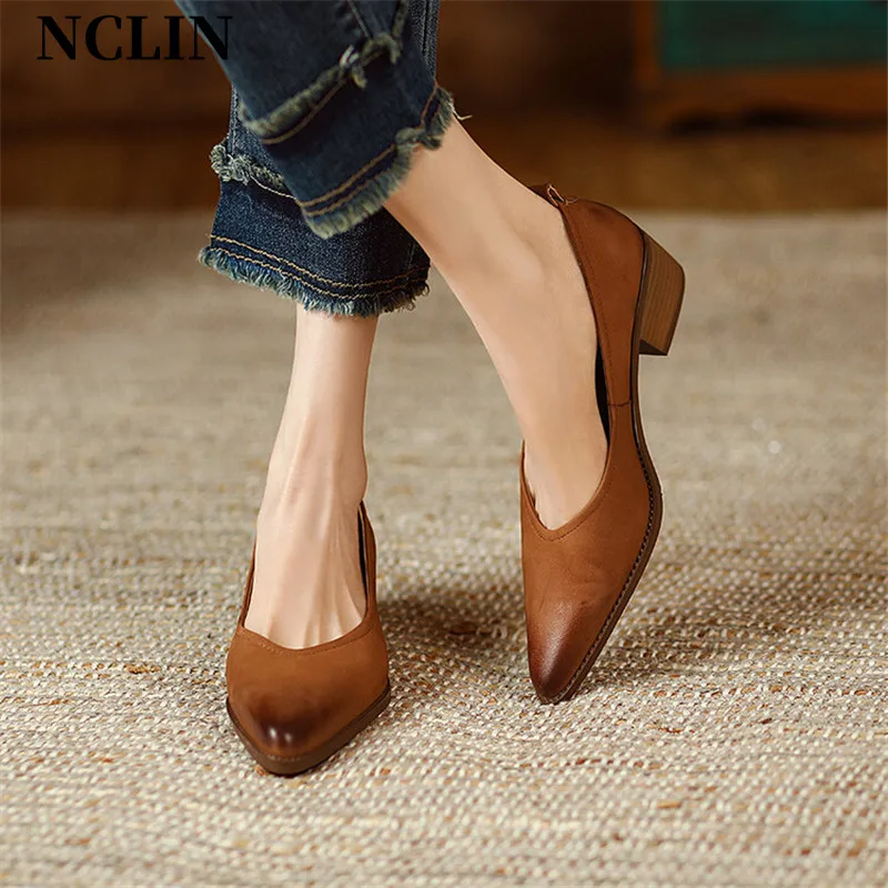 

New Spring/summer Women Shoes Sheep Leather Women Pumps Pointed Toe Chunky Heel Loafers Genuine Leather Shoes For Women Handmade