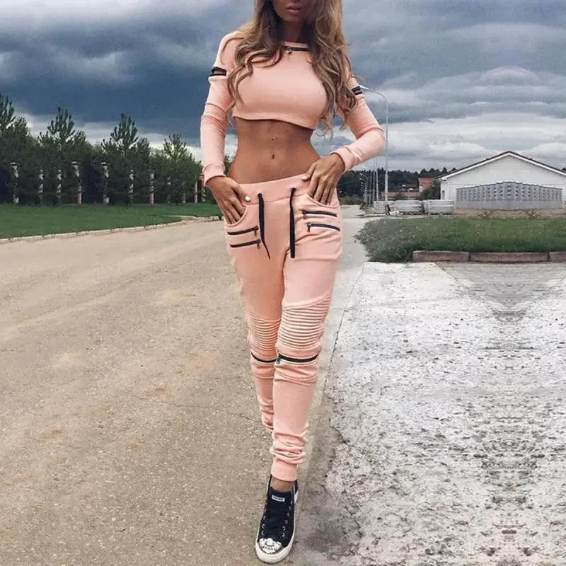 2pcs Stylish Elastic Hem Sports Suit - Women's Activewear, Long Sleeves Drawstring Crew Top & Pant Set, Comfortable Sporty Outfit For Fitness, Running, And Casual Wear