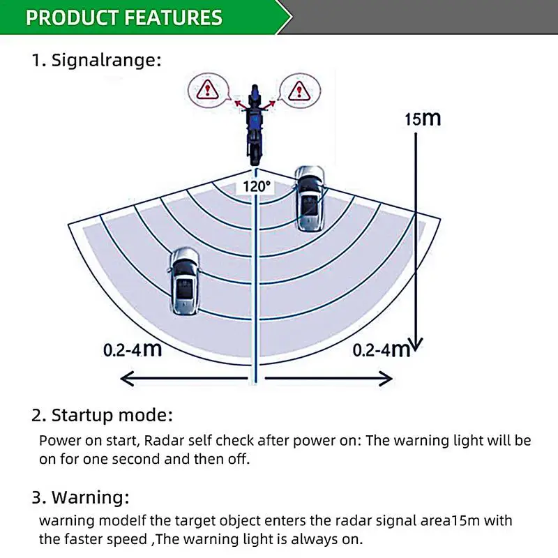 Sistema De Detecção De Pontos Cegos, Aviso De Motocicleta LED, Visual Driver Alert, Kit De Monitoramento De Radar, 65,62 pés