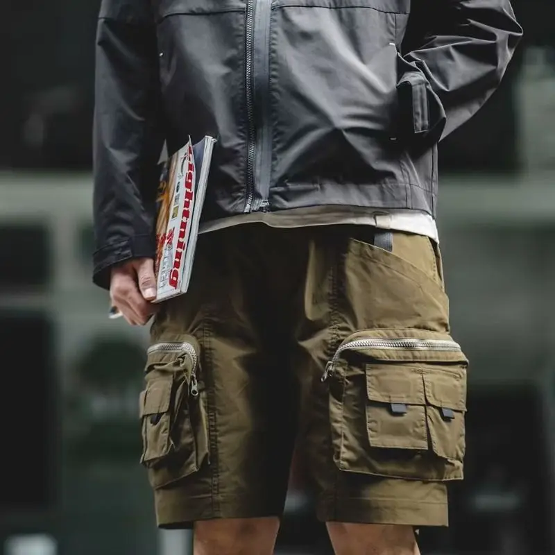 Outdoor Summer Shorts Men's Trend Olive Green Solid Pants Multi Pocket Work Suit Shorts Men's Straight Half length Pants Men's