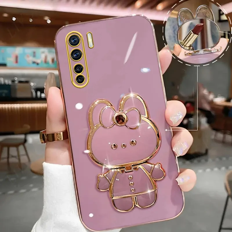 Luxury Cute Rabbit Makeup Mirror Phone Holder Case for Girls & Women - Stand Cover
